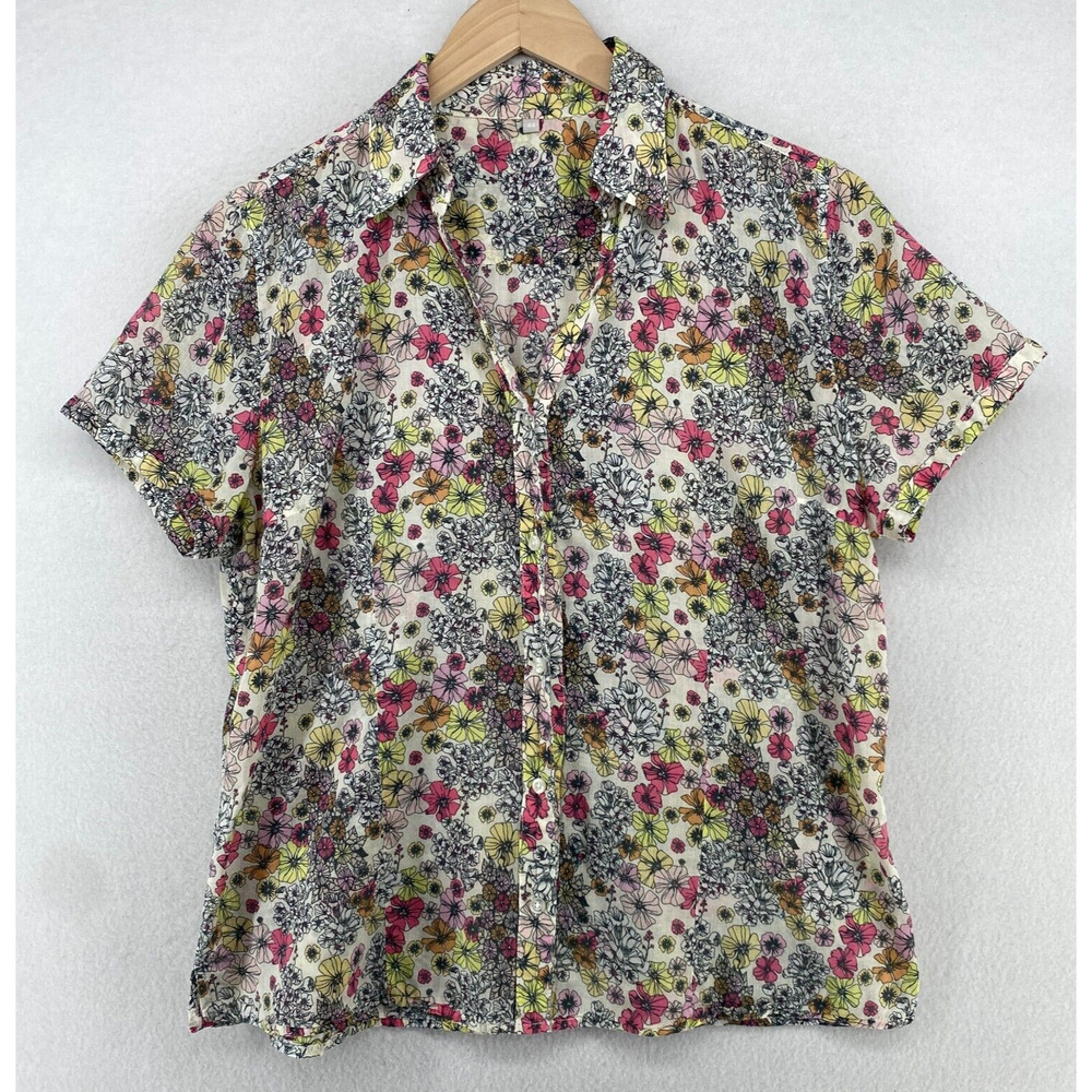 MARCO PECCI Top Womens 44 Floral Shirt Button Front Short Sleeve Pink Yellow
